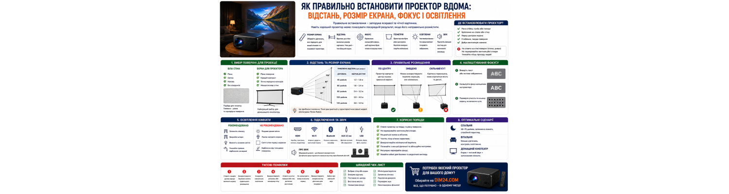 Як правильно встановити проектор вдома: відстань, розмір екрана, фокус і освітлення