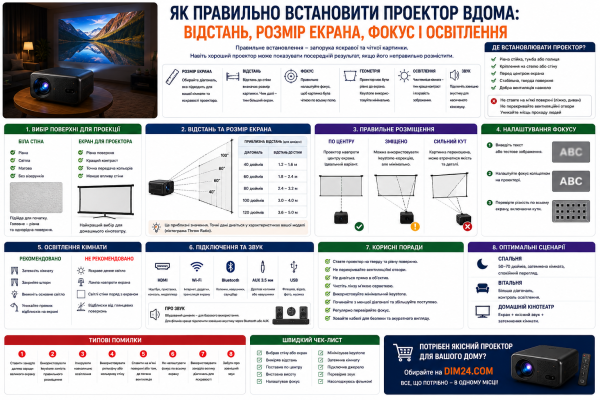 Як правильно встановити проектор вдома: відстань, розмір екрана, фокус і освітлення