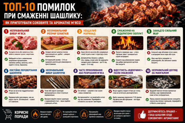 ТОП-10 помилок при смаженні шашлику: як приготувати соковите та ароматне м'ясо