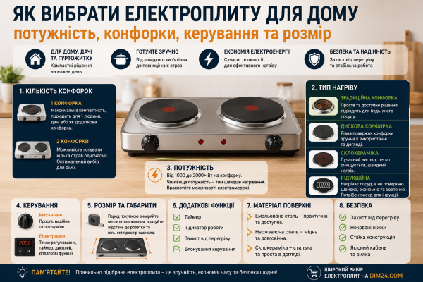 Як вибрати електроплиту для дому: потужність, конфорки, керування та розмір