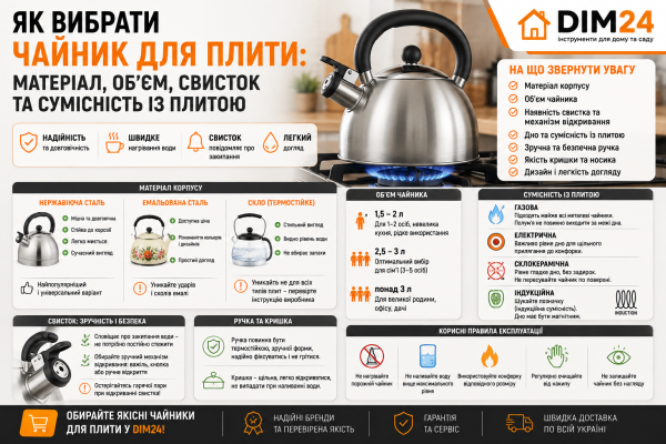 Як вибрати чайник для плити: матеріал, об’єм, свисток та сумісність із плитою