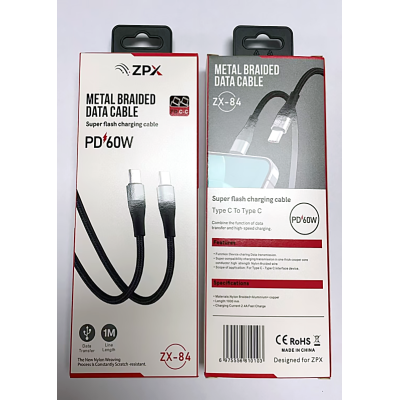 Кабель в оплётке ZPX ZX-84 Type-C – Type-C с поддержкой быстрой зарядки PD 60W
