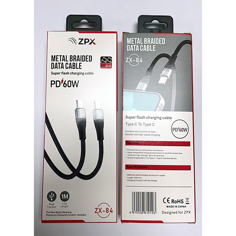 Кабель в оплётке ZPX ZX-84 Type-C – Type-C с поддержкой быстрой зарядки PD 60W