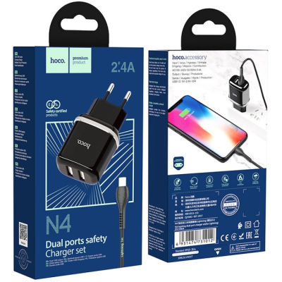 Сетевое зарядное устройство Hoco N4, 2 порта USB, 2.4A, с кабелем Lightning