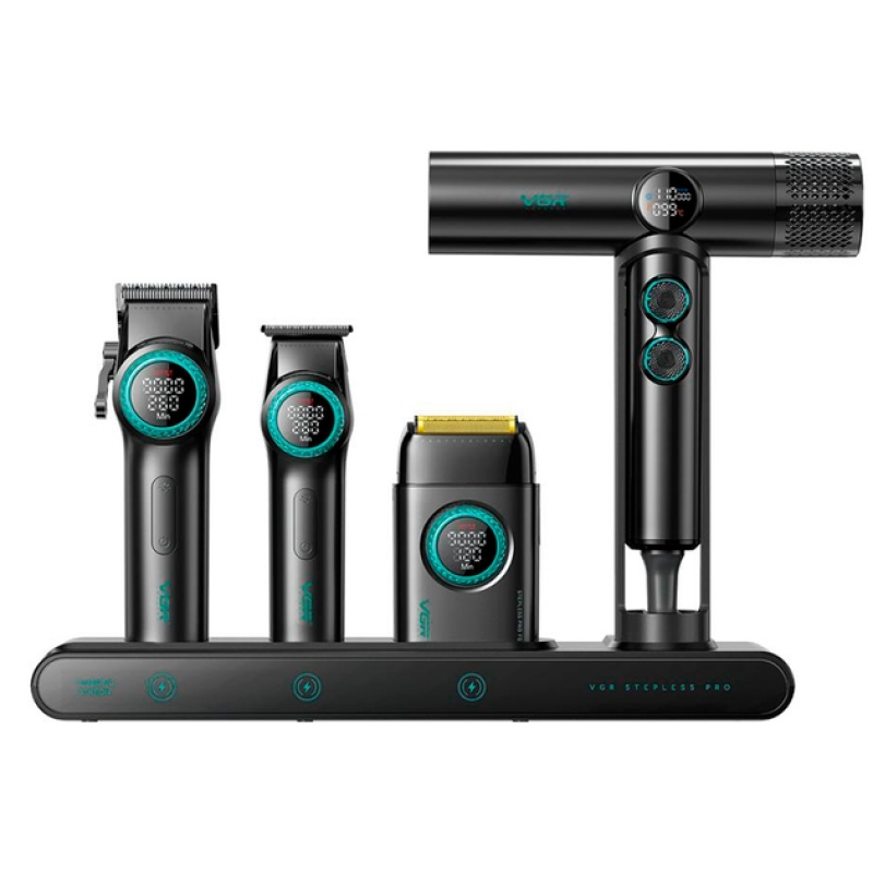 Машинка для стрижки VGR Stepless Pro 4 in 1, набор (машинка, триммер, электробритва, фен)