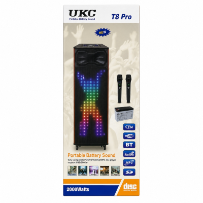 Портативная колонка T8 Pro, Bluetooth, USB, FM, караоке, до 2000W