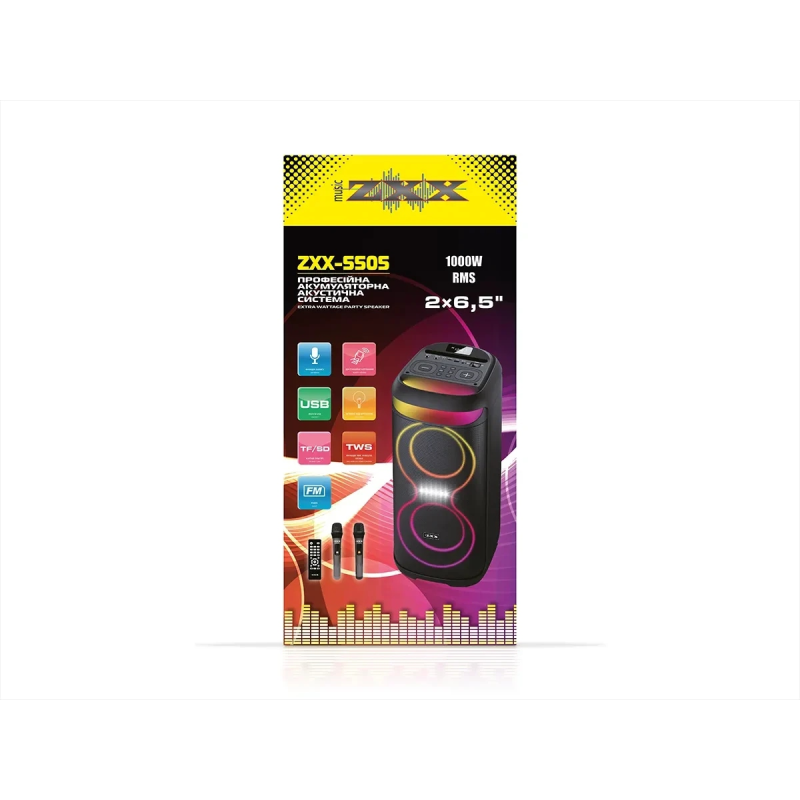 Портативная акустика ZXX-5505, 40 Вт, 2×6,5", Bluetooth, USB, FM, караоке