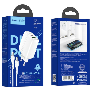 Мережевий зарядний пристрій Hoco N11, PD 20W + QC3.0, 2 порти, кабель Type-C to Lightning 1 м