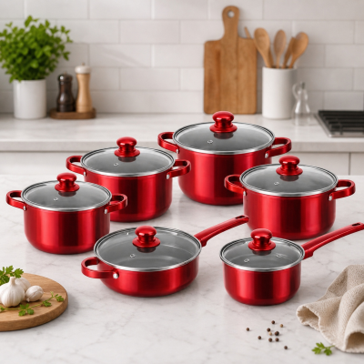Набір посуду COOKWARE SET G-A10, 12 предметів, нержавіюча сталь, каструлі 16-24 см, сковорода 24 см, ківш 16 см