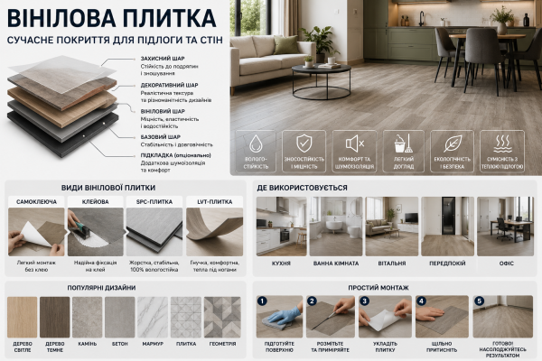 Вінілова плитка: як вибрати практичне та стильне покриття для підлоги й стін