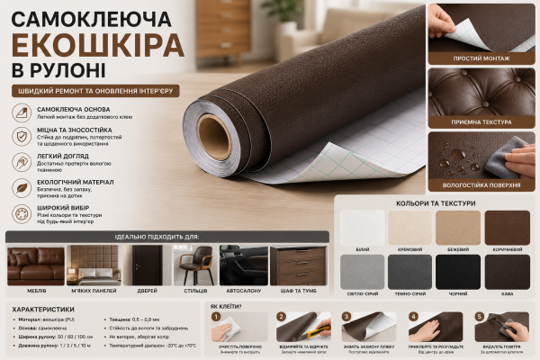 Самоклеюча екошкіра в рулоні: універсальне рішення для ремонту та декору