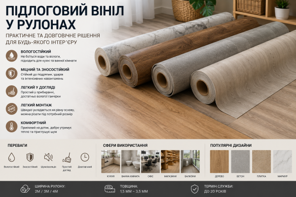 Підлоговий вініл у рулонах: переваги, види та як правильно вибрати