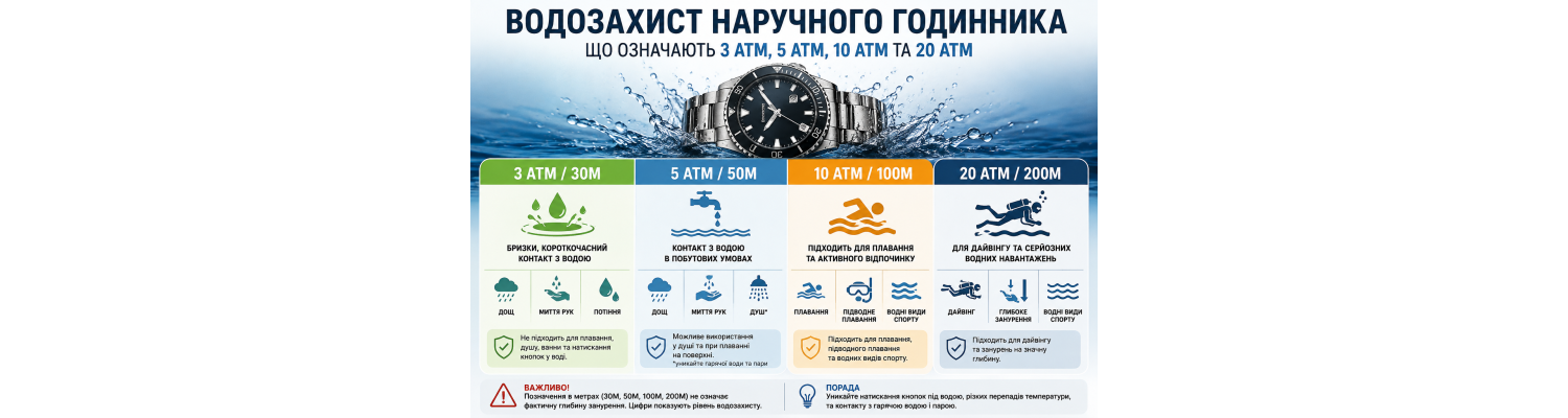 Водозахист наручного годинника: що означають ATM і метри