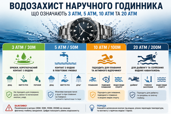 Водозахист наручного годинника: що означають 3 ATM, 5 ATM, 10 ATM та 20 ATM