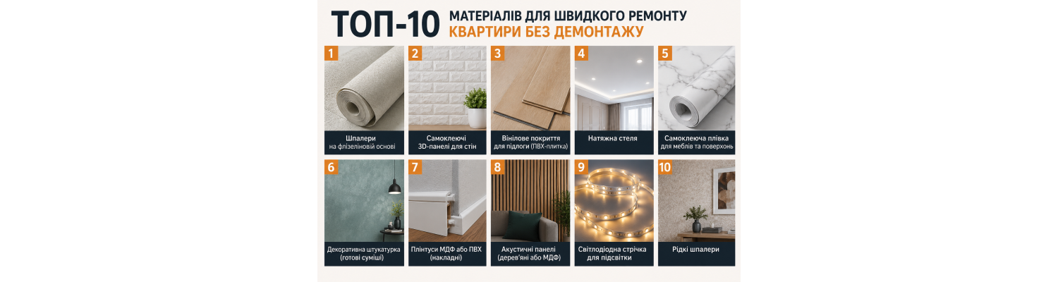 ТОП-10 матеріалів для швидкого ремонту квартири без демонтажу
