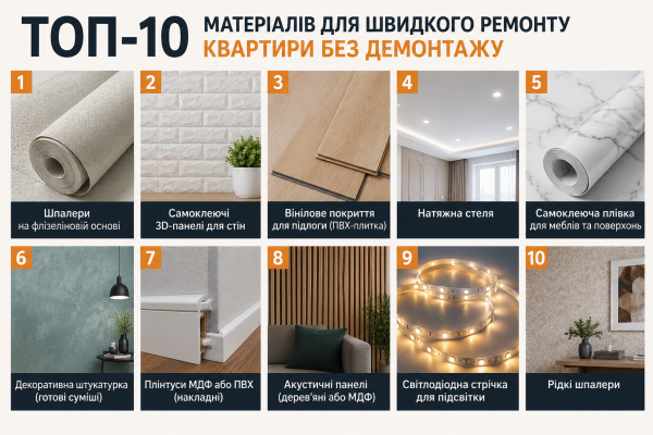 ТОП-10 матеріалів для швидкого ремонту квартири без демонтажу
