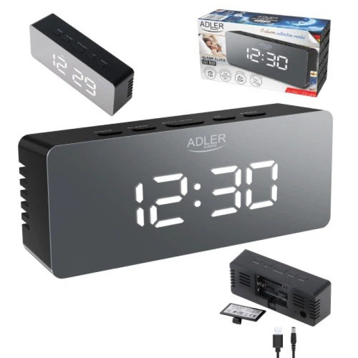 Настільний годинник-будильник Adler AD 1189 Black з термометром, LED-підсвіткою та USB-живленням Настільний годинник-будильник Adler AD 1189 Black з термометром, LED-підсвіткою та USB-живленням