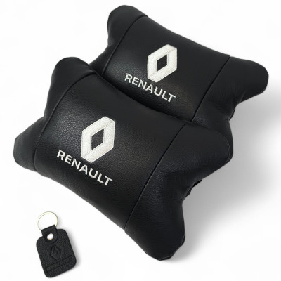 Набір подушок 2шт для авто Renault, натуральна шкіра, на підголівник у машину з логотипом Рено