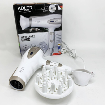 Електричний фен для волосся Adler AD-2248 White 2400Вт для укладання та сушіння з насадками з іонізацією