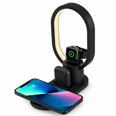 Бездротова зарядна станція LED нічник 15Вт для смартфонів та навушників заряджання без проводів Black