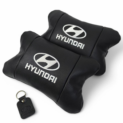 Набір подушок для авто Hyundai 2шт, натуральна шкіра, чорний колір, комфортні підголовники в автомобіль