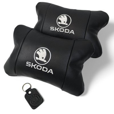 Автомобільні подушки 2 шт на підголівник Skoda / Шкода, з натуральної шкіри, стильний аксесуар для вашого авто